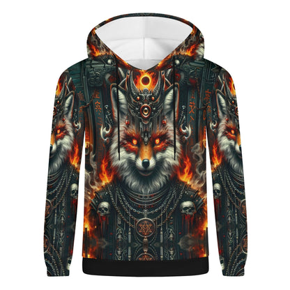 Mythical Monsters Kitsune Poly French Terry Hoodie by Loud and Lethal with fiery fox and skull design