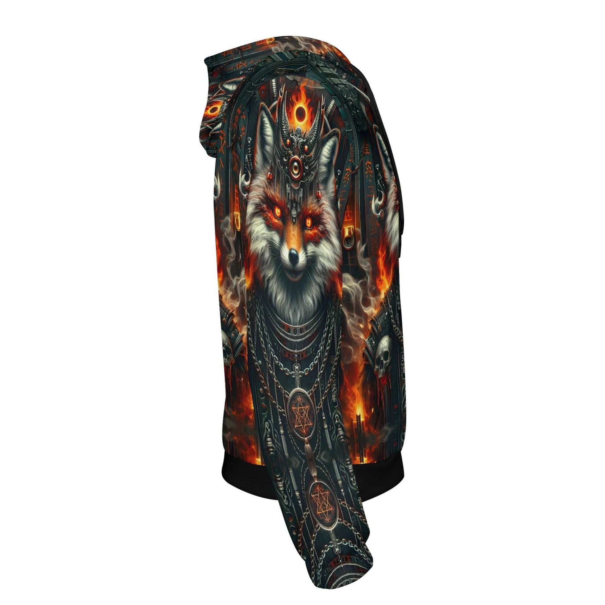 Mythical Monsters Kitsune Poly French Terry Hoodie featuring fiery fox design with dark mystical elements