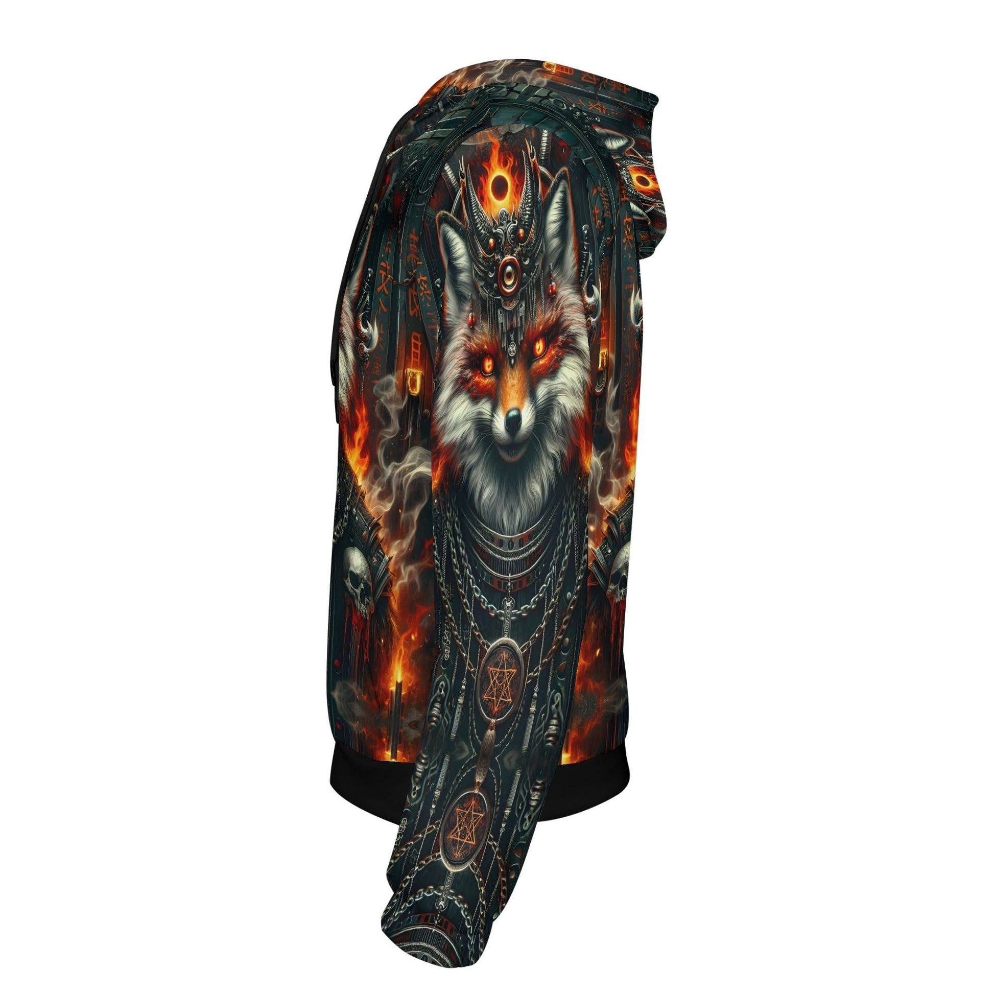 Side view of Loud and Lethal Mythical Monsters Kitsune Poly French Terry Hoodie with fiery fox and mystical design
