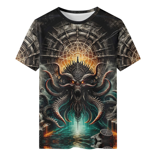 Mythical Monsters Kraken Organic Cotton T-Shirt featuring a dark, detailed kraken design with glowing eyes