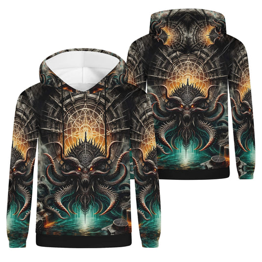 Mythical Monsters Kraken Poly French Terry Hoodie featuring detailed kraken design with glowing eyes and underwater scene