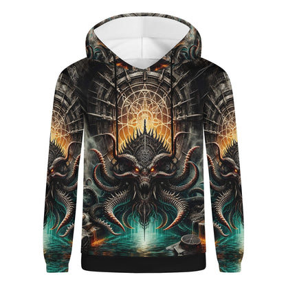 Mythical Monsters Kraken Poly French Terry Hoodie with dark monster graphic and intricate underwater design