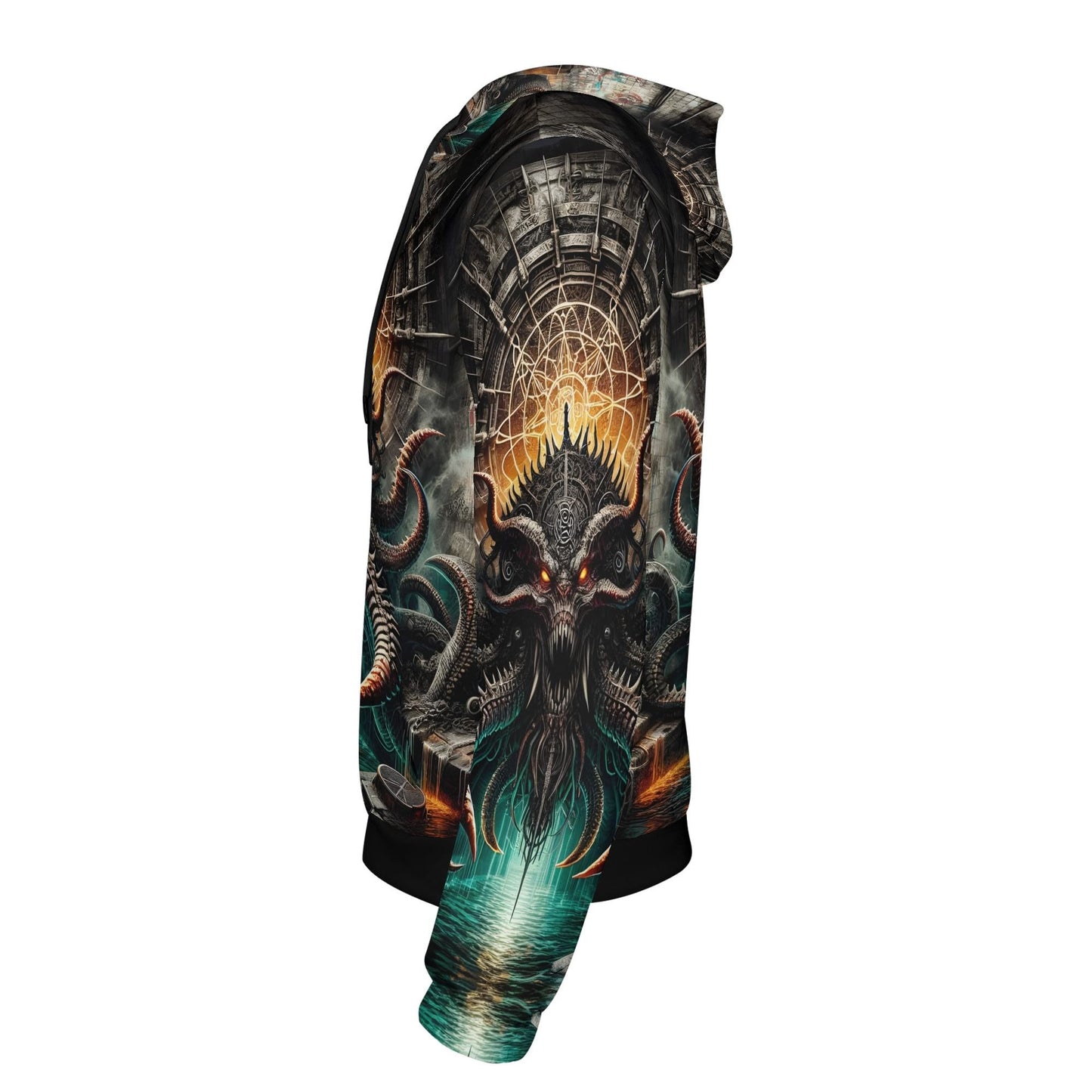 Side view of Loud and Lethal Mythical Monsters Kraken Poly French Terry Hoodie with detailed mythical kraken design