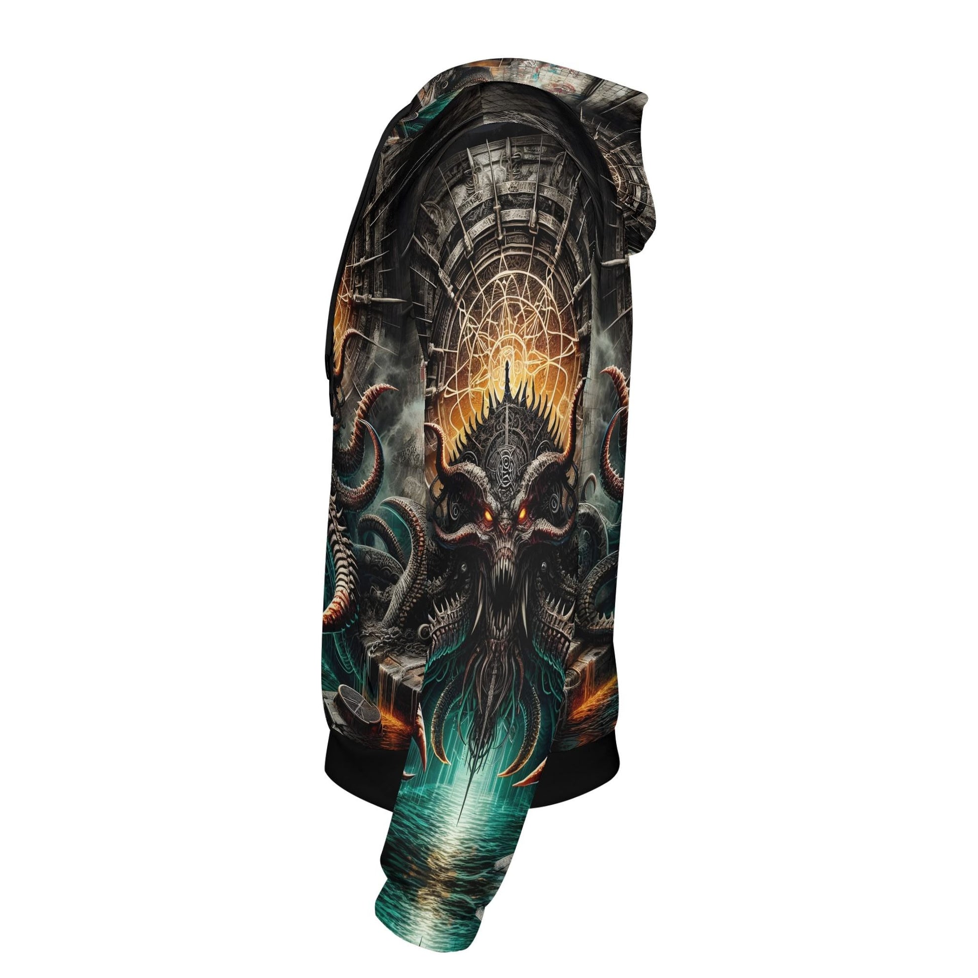 Side view of Loud and Lethal Mythical Monsters Kraken Poly French Terry Hoodie with detailed mythical kraken design