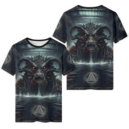 Mythical Monsters Leviathan Organic Cotton T-Shirt featuring a dark sea monster graphic on front and back