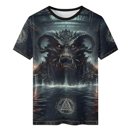 Mythical Monsters Leviathan Organic Cotton T-Shirt featuring a fierce sea monster design on a unisex black tee