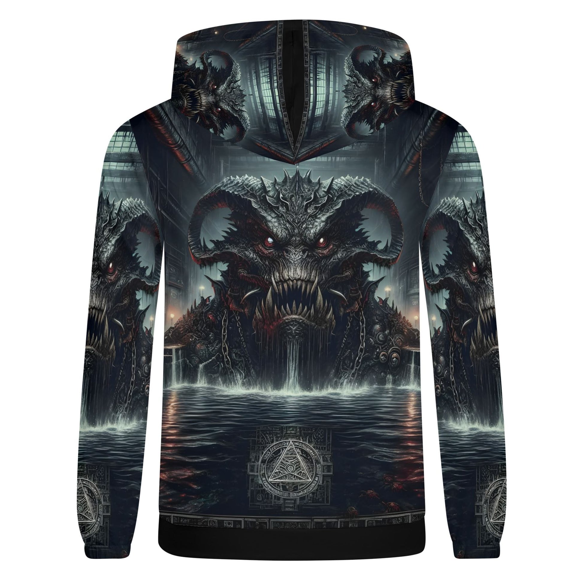 Mythical Monsters Leviathan Poly French Terry Hoodie with dark monstrous design and water scene on back