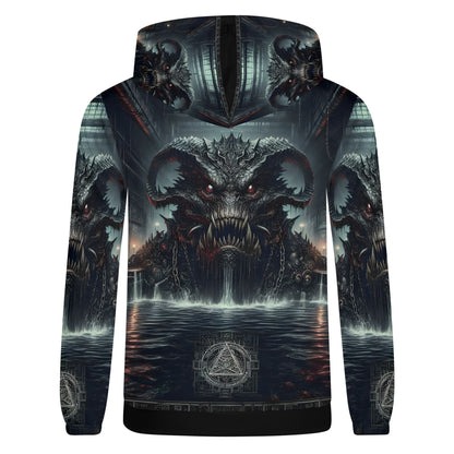 Mythical Monsters Leviathan Poly French Terry Hoodie with dark monstrous design and water scene on back