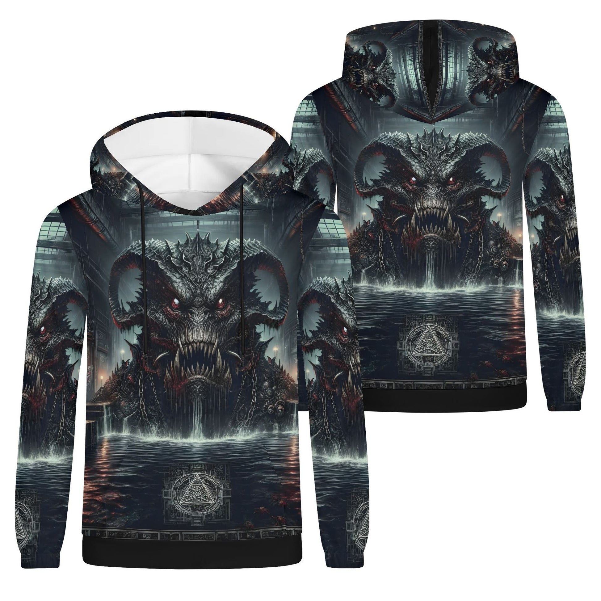 Mythical Monsters Leviathan Poly French Terry Hoodie by Loud and Lethal featuring a dark leviathan design with glowing eyes