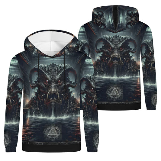 Mythical Monsters Leviathan Poly French Terry Hoodie by Loud and Lethal featuring a dark leviathan design with glowing eyes