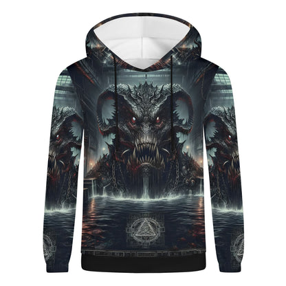 Mythical Monsters Leviathan Poly French Terry Hoodie featuring a dark leviathan monster design with detailed scales and menacing eyes