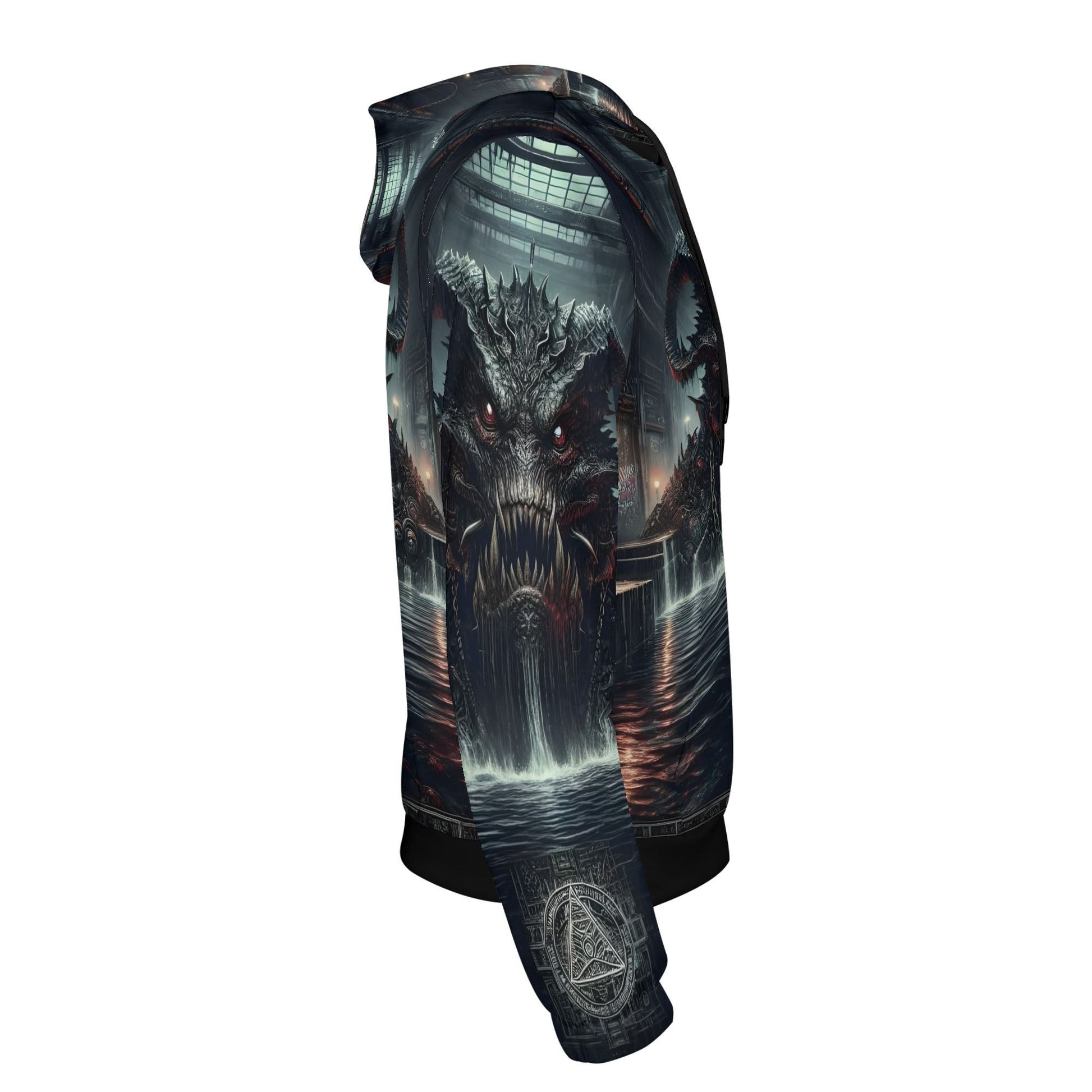 Side view of Loud and Lethal Mythical Monsters Leviathan Poly French Terry Hoodie featuring detailed sea monster graphic