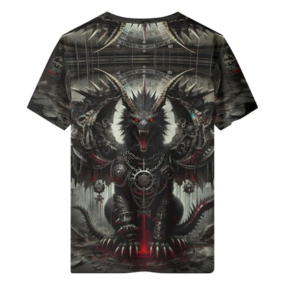 Mythical Monsters Manticore Organic Cotton T-Shirt featuring a dark fantasy creature with red eyes and mechanical armor