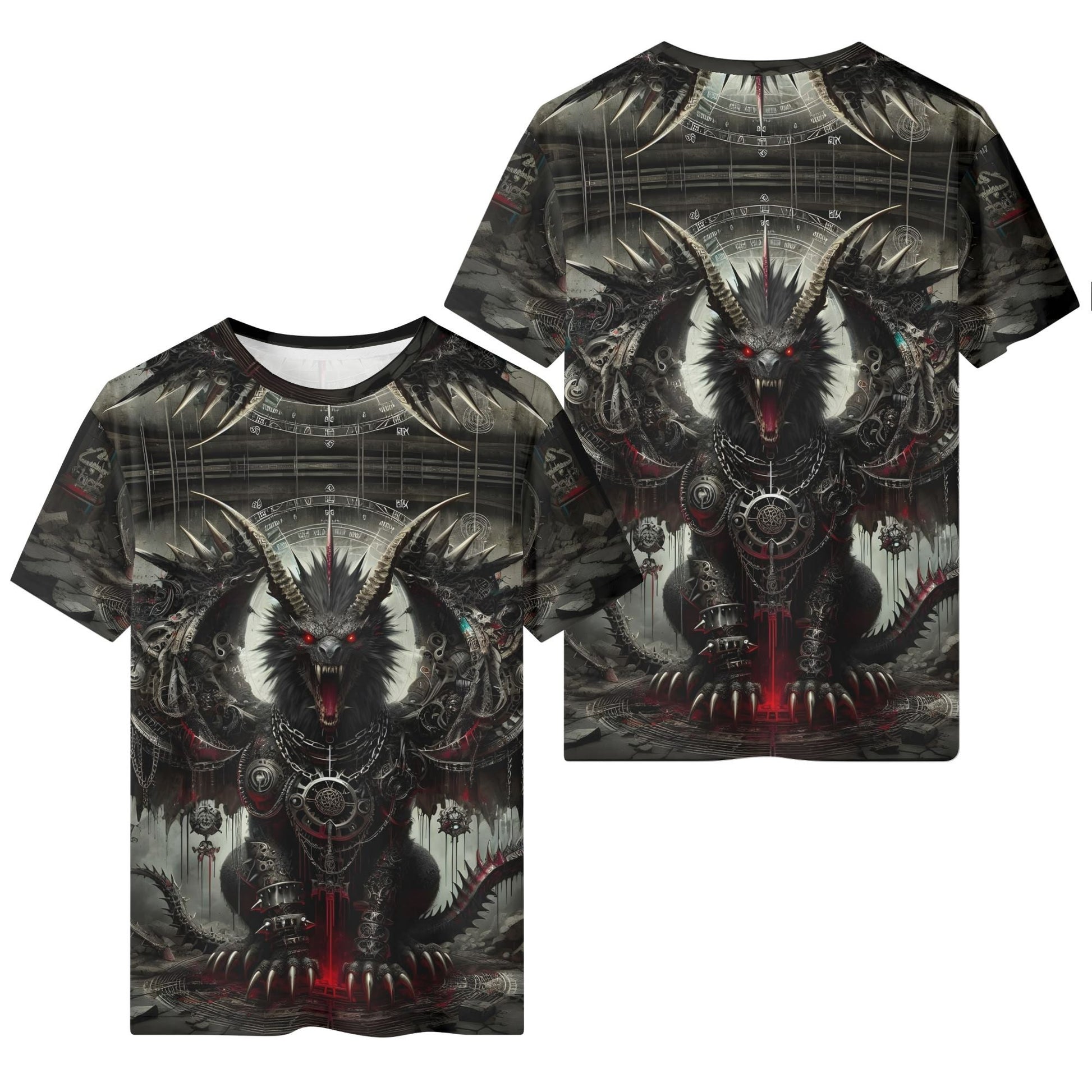 Mythical Monsters Manticore Organic Cotton T-Shirt featuring a dark, detailed manticore design with red eyes on front and back
