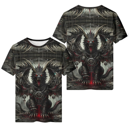 Mythical Monsters Manticore Organic Cotton T-Shirt featuring a dark, detailed manticore design with red eyes on front and back