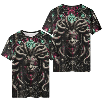 Mythical Monsters Medusa Organic Cotton T-Shirt featuring dark Medusa artwork with snakes and mystical symbols