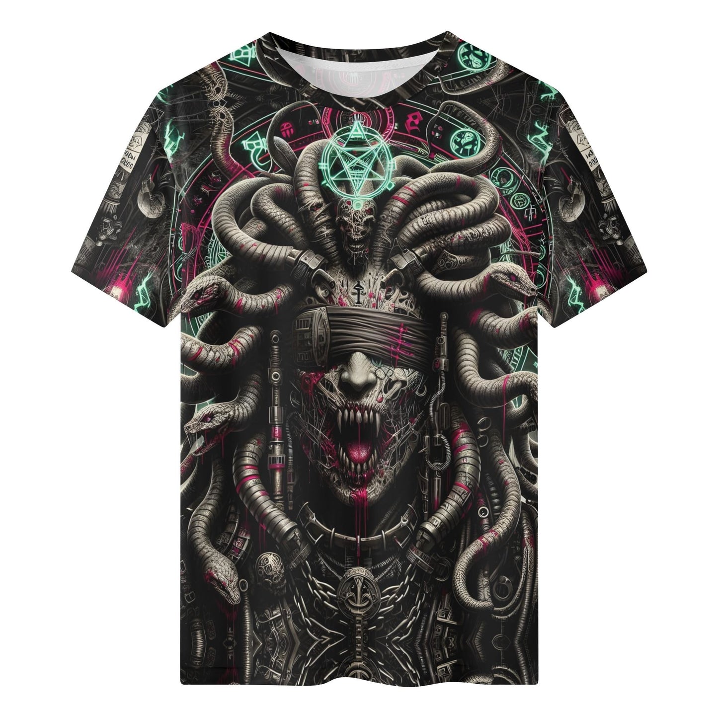 Mythical Monsters Medusa Organic Cotton T-Shirt featuring a detailed dark Medusa design with glowing symbols