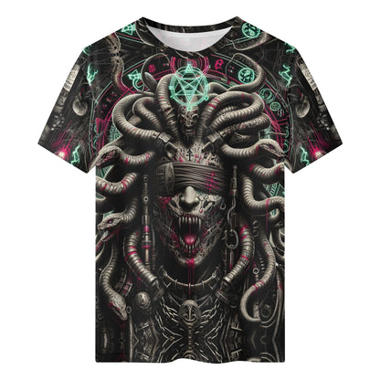 Mythical Monsters Medusa Organic Cotton T-Shirt featuring a detailed dark Medusa design with glowing symbols