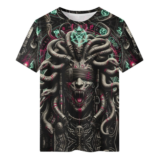 Mythical Monsters Medusa Organic Cotton T-Shirt featuring a detailed dark Medusa design with glowing symbols