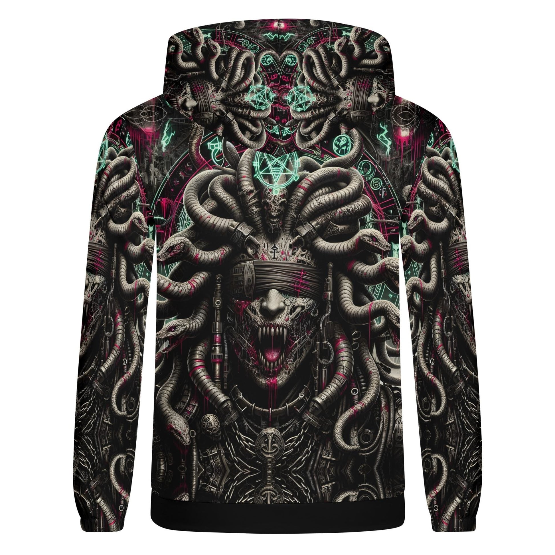 Mythical Monsters Medusa Poly French Terry Hoodie with dark intricate Medusa design and vivid neon accents
