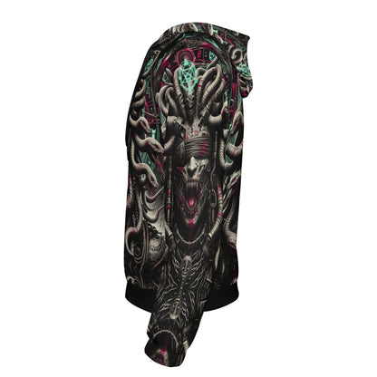 Side view of Loud and Lethal Mythical Monsters Medusa Poly French Terry Hoodie with dark, intricate monster design