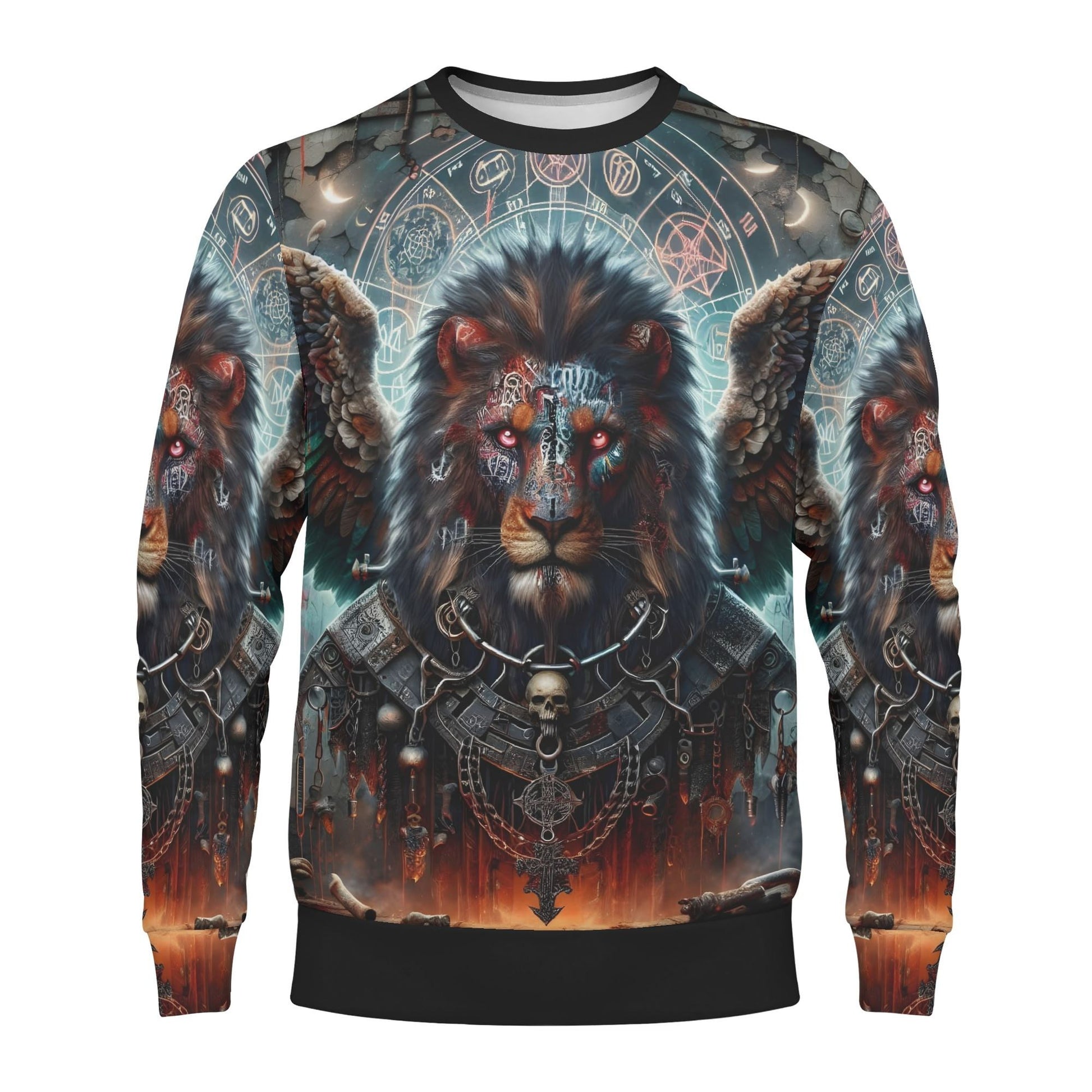 Mythical Monsters Anzu Poly French Terry Sweatshirt unisex Loud and Lethal winged lion print with skulls and fiery background