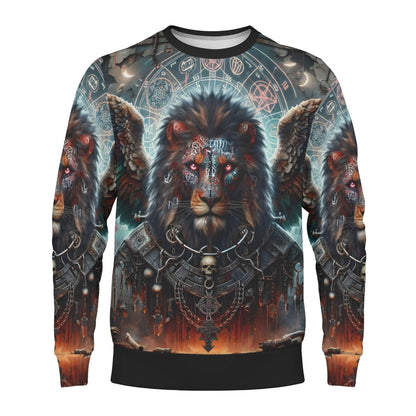 Mythical Monsters Anzu Poly French Terry Sweatshirt unisex Loud and Lethal winged lion print with skulls and fiery background