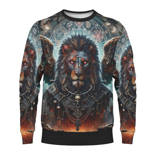 Mythical Monsters Anzu Poly French Terry Sweatshirt unisex Loud and Lethal winged lion print with skulls and fiery background