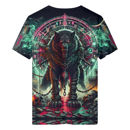 Mythical Monsters Fenrir Lycra T-Shirt by Loud and Lethal showing a chained glowing eyed wolf with runes and skulls