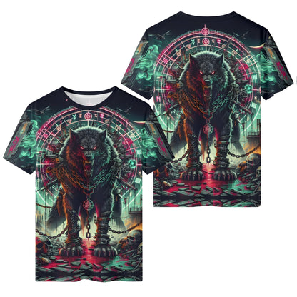 Mythical Monsters Fenrir Lycra T-Shirt by Loud and Lethal unisex tee with chained glowing Fenrir wolf artwork