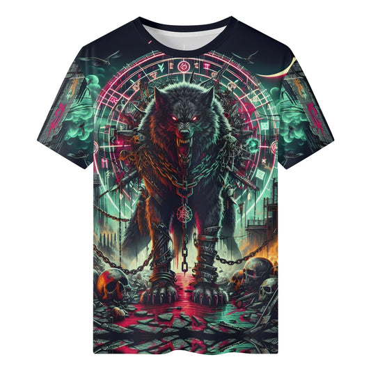 Mythical Monsters Fenrir Lycra T-Shirt by Loud and Lethal unisex graphic tee with chained red eyed wolf and occult circle