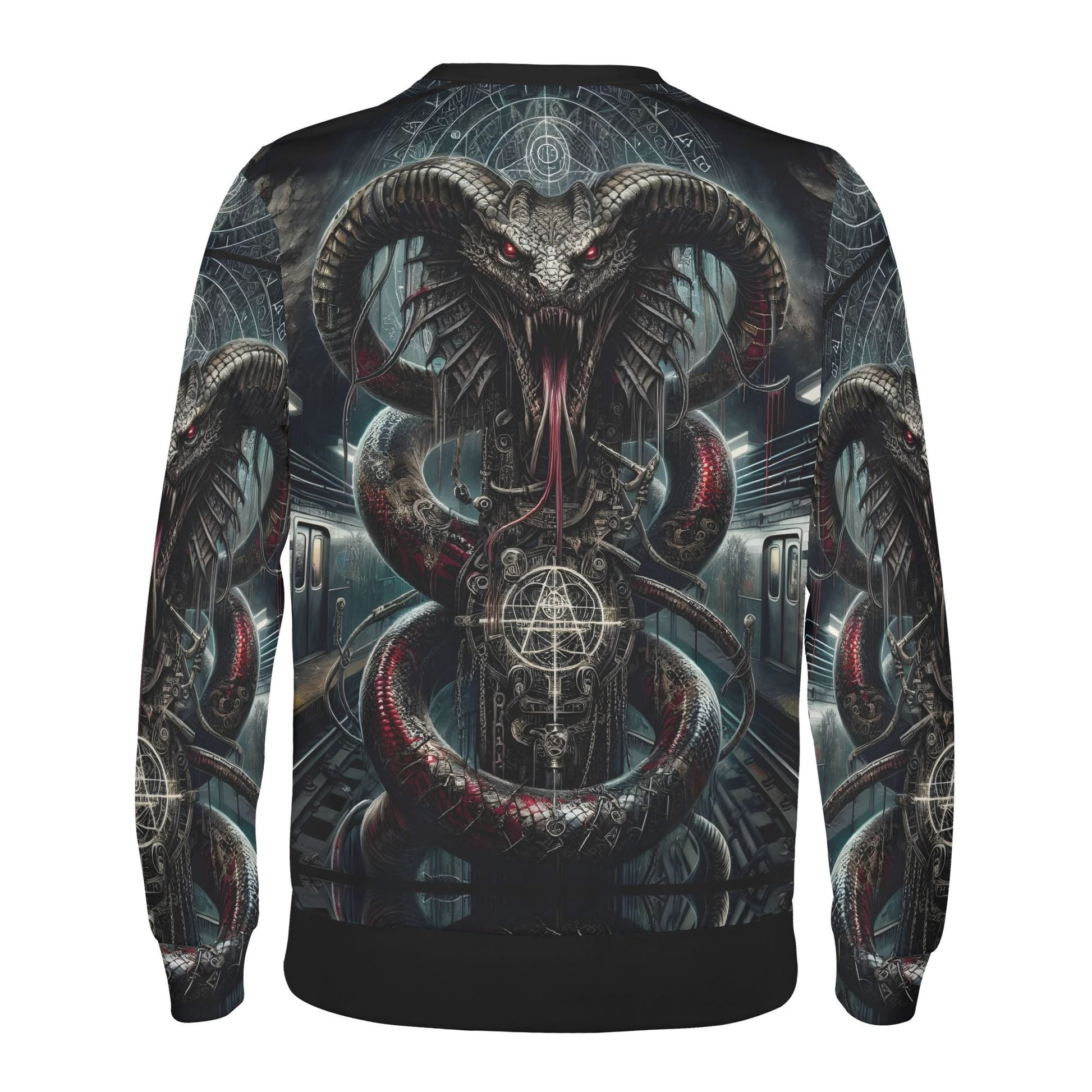 Mythical Monsters Jormungandr Poly French Terry Sweatshirt unisex sweater with dark coiled serpent horned head and occult symbols