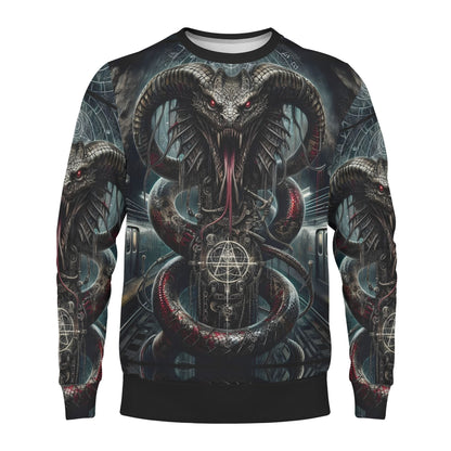 Mythical Monsters Jormungandr Poly French Terry Sweatshirt unisex black crewneck with all over serpent and ram horn skull design