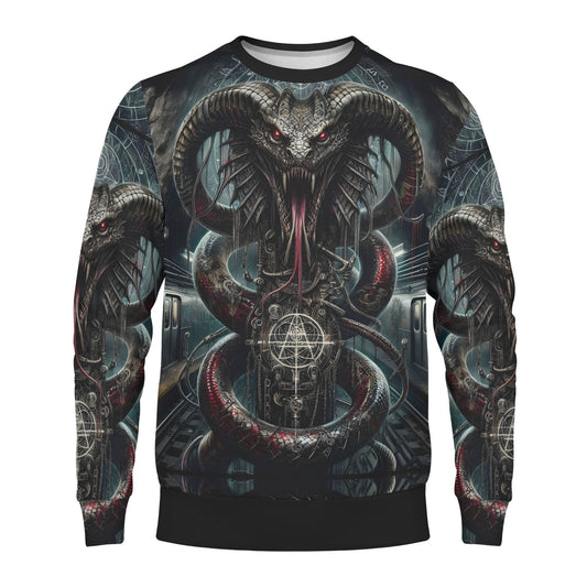 Mythical Monsters Jormungandr Poly French Terry Sweatshirt unisex black crewneck with all over serpent and ram horn skull design