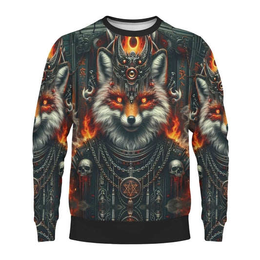 Loud and Lethal unisex Mythical Monsters Kitsune Poly French Terry Sweatshirt with fiery fox and occult skull design