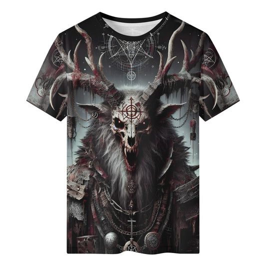 Mythical Monsters Wendigo Lycra T-Shirt featuring a dark, detailed Wendigo creature with antlers and occult symbols