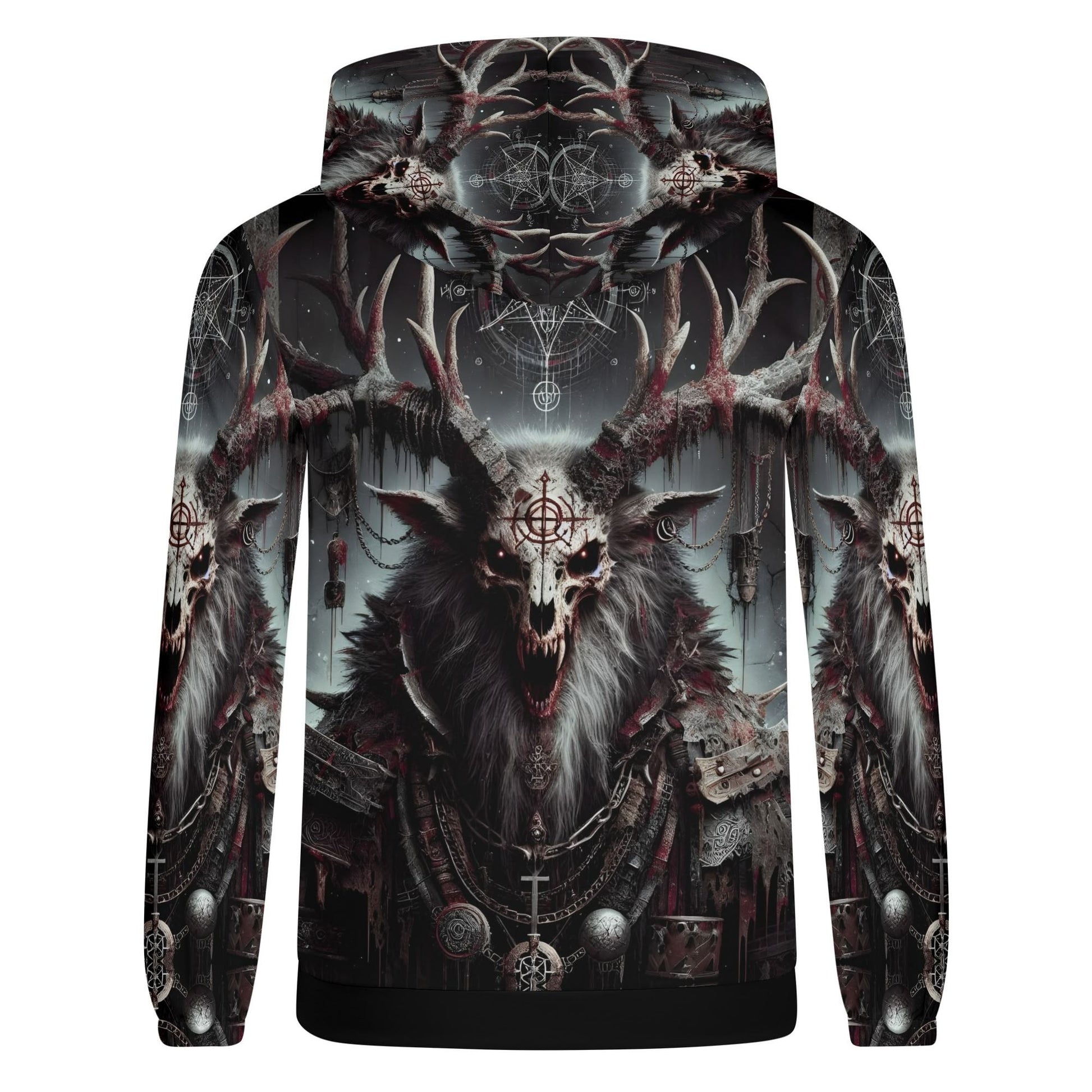Mythical Monsters Wendigo Poly French Terry Hoodie featuring dark, intricate graphic of a Wendigo skull with antlers and occult symbols