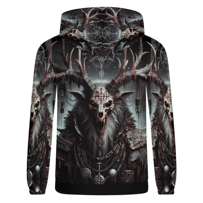 Mythical Monsters Wendigo Poly French Terry Hoodie featuring dark, intricate graphic of a Wendigo skull with antlers and occult symbols