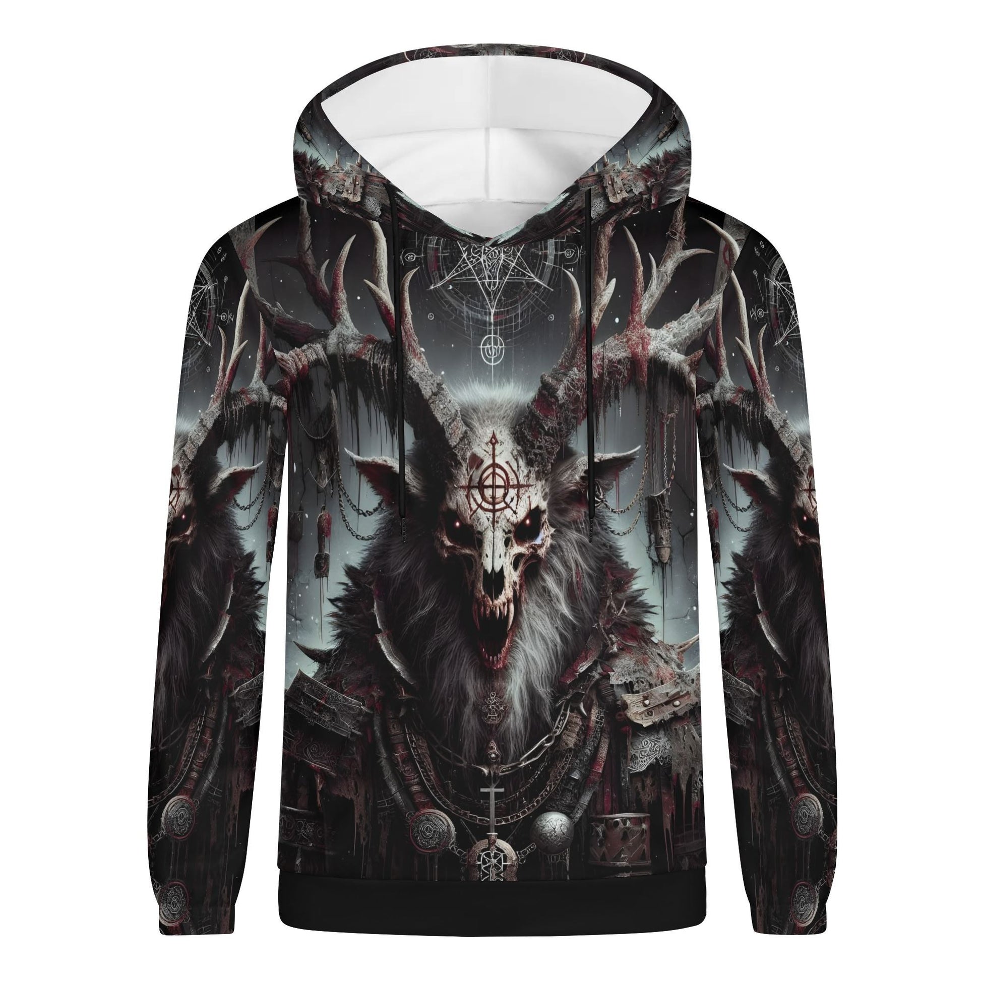 Mythical Monsters Wendigo Poly French Terry Hoodie with dark, detailed Wendigo skull and antlers design