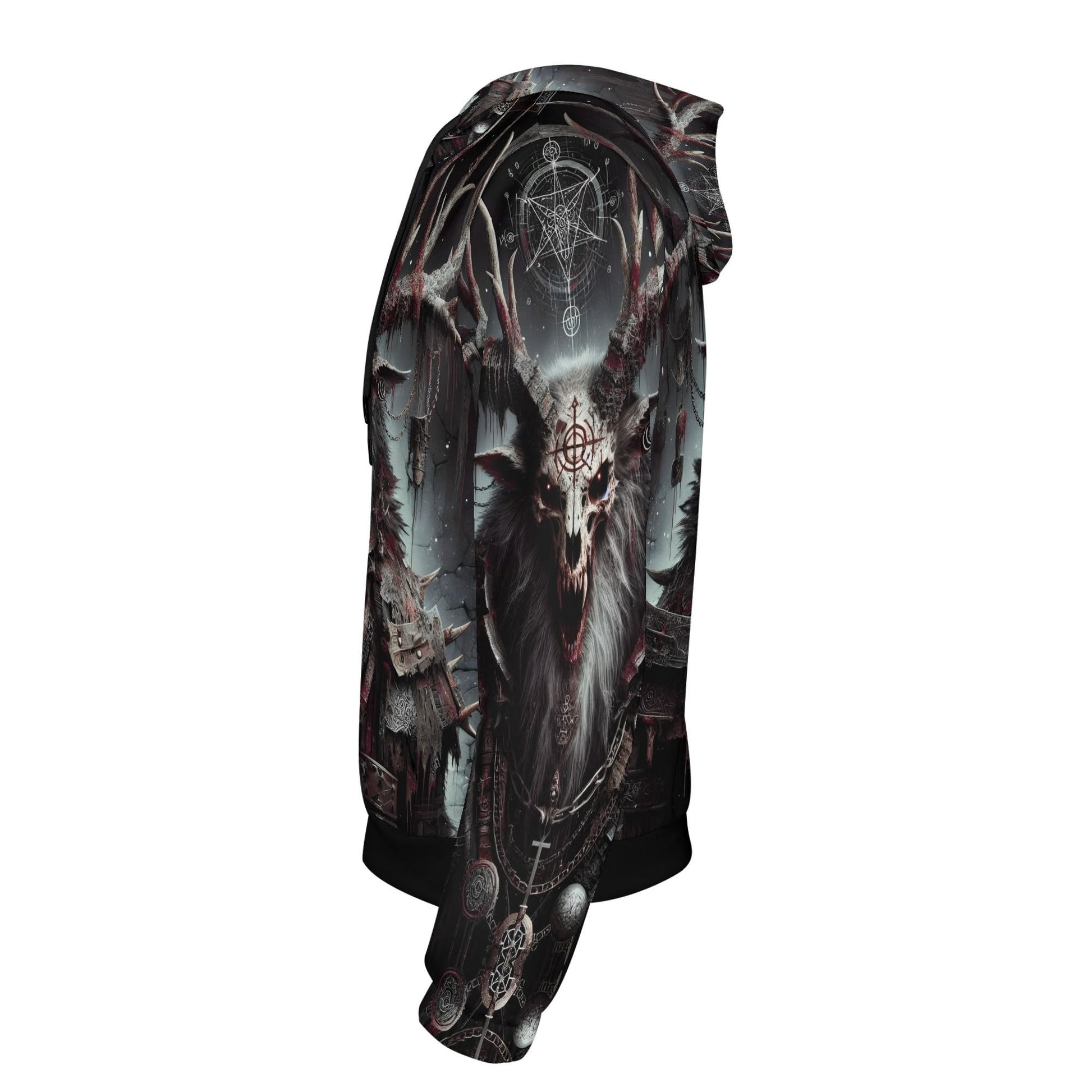 Side view of Loud and Lethal Mythical Monsters Wendigo Poly French Terry Hoodie with dark, detailed monster design and hood