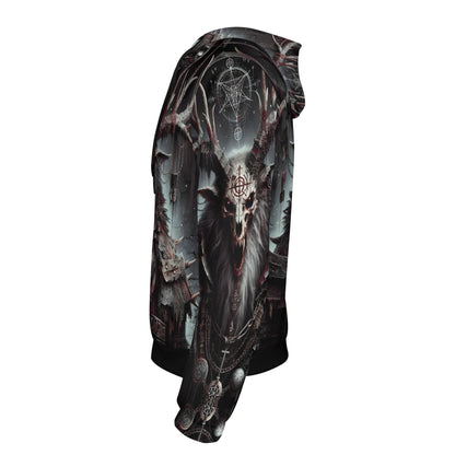 Side view of Loud and Lethal Mythical Monsters Wendigo Poly French Terry Hoodie with dark, detailed monster design and hood