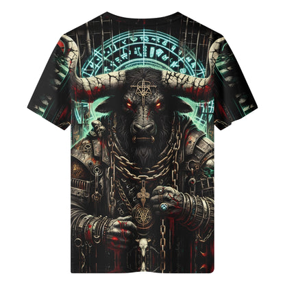 Loud and Lethal Mythical Monsters Minotaur 100 Cotton T-Shirt with dark gothic minotaur graphic and glowing runes