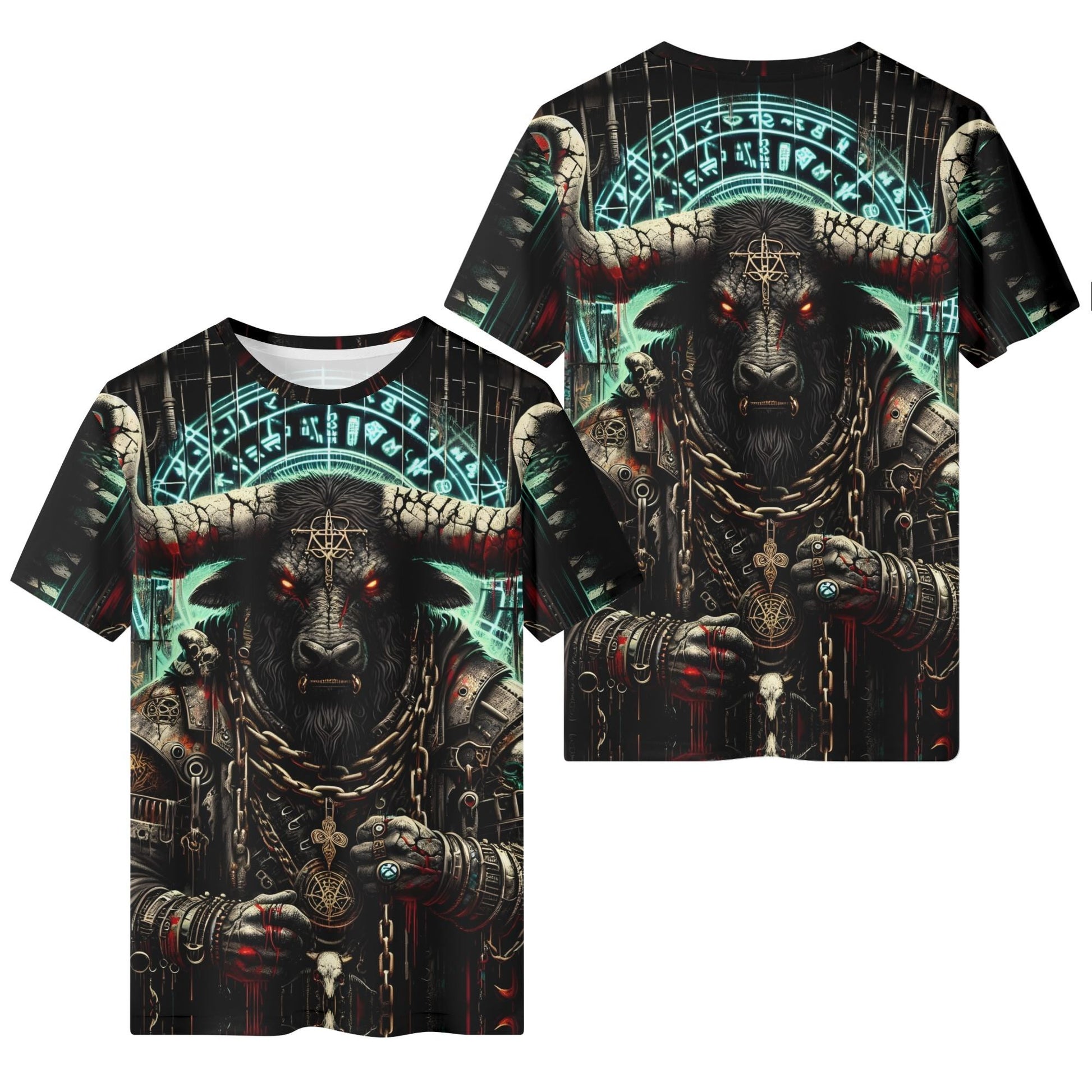 Loud and Lethal Mythical Monsters Minotaur 100 Cotton T-Shirt featuring dark horned minotaur with chains and occult sigils