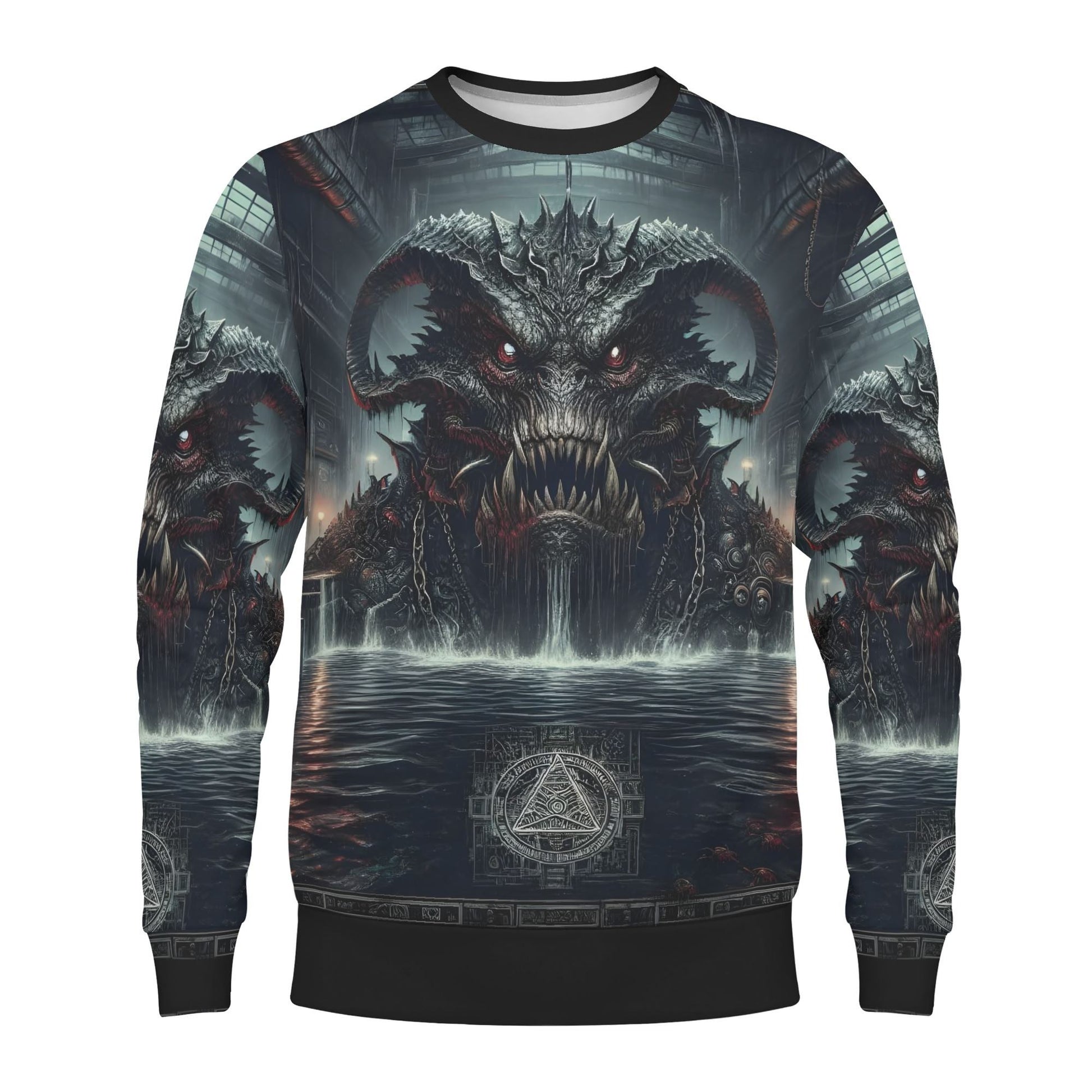 Loud and Lethal unisex sweater showing Mythical Monsters Leviathan Poly French Terry Sweatshirt art of chained sea monster