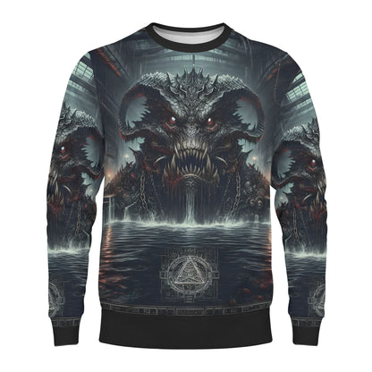 Loud and Lethal unisex sweater showing Mythical Monsters Leviathan Poly French Terry Sweatshirt art of chained sea monster