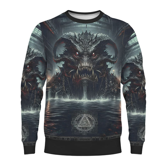 Loud and Lethal unisex sweater showing Mythical Monsters Leviathan Poly French Terry Sweatshirt art of chained sea monster
