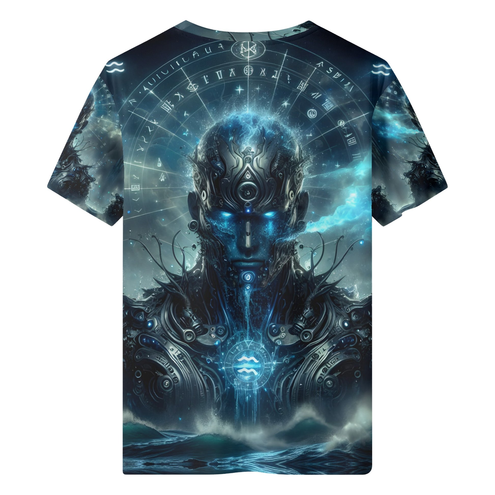 Aquarius Sublimation Lycra T-Shirt Cyber Mystic Rebellion unisex shirt with blue cybernetic mystic portrait and zodiac symbols