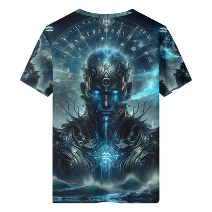 Aquarius Sublimation Lycra T-Shirt Cyber Mystic Rebellion unisex shirt with blue cybernetic mystic portrait and zodiac symbols