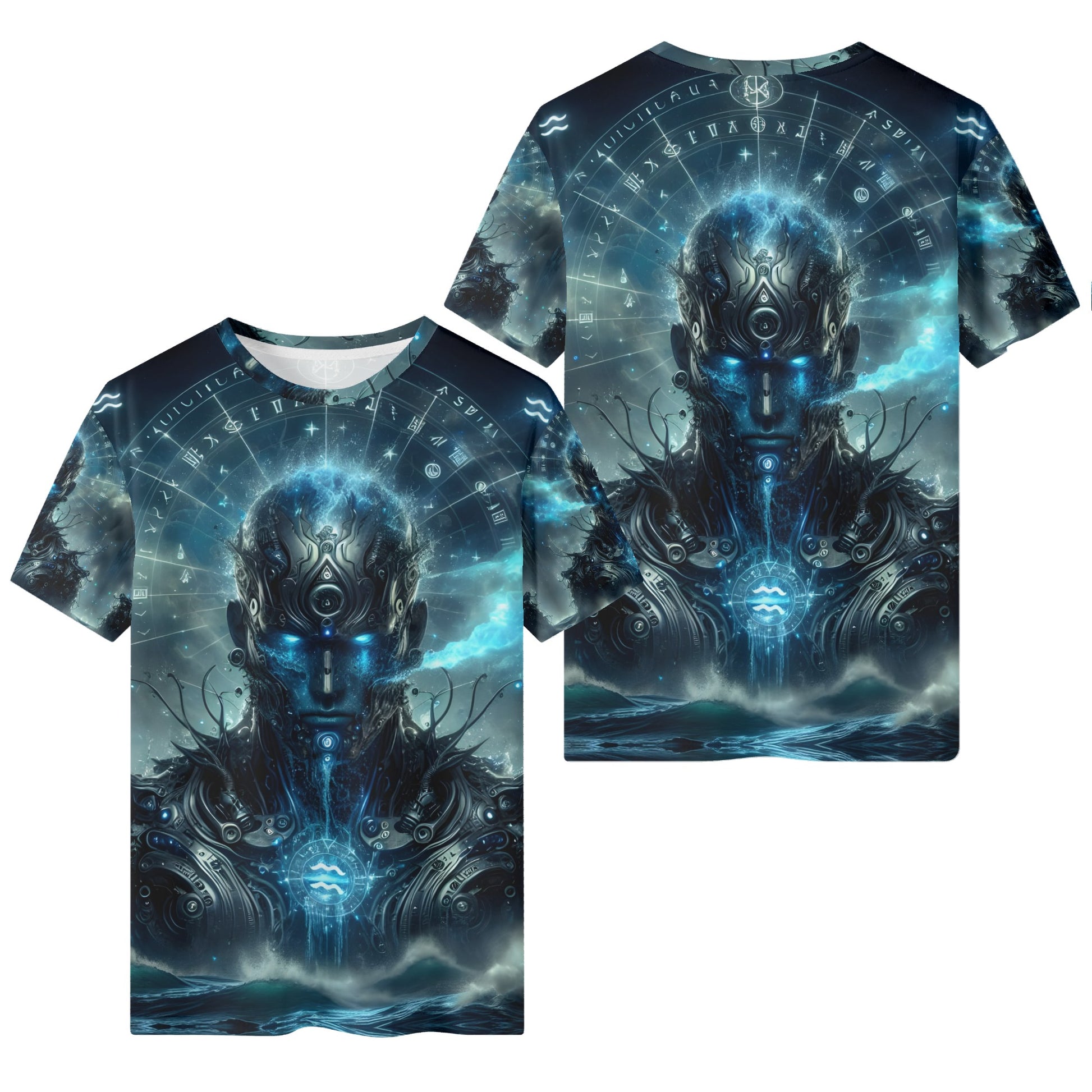 Aquarius Sublimation Lycra T-Shirt Cyber Mystic Rebellion unisex tee with blue cyber water deity front and back print