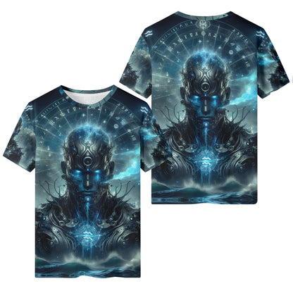 Aquarius Sublimation Lycra T-Shirt Cyber Mystic Rebellion unisex tee with blue cyber water deity front and back print